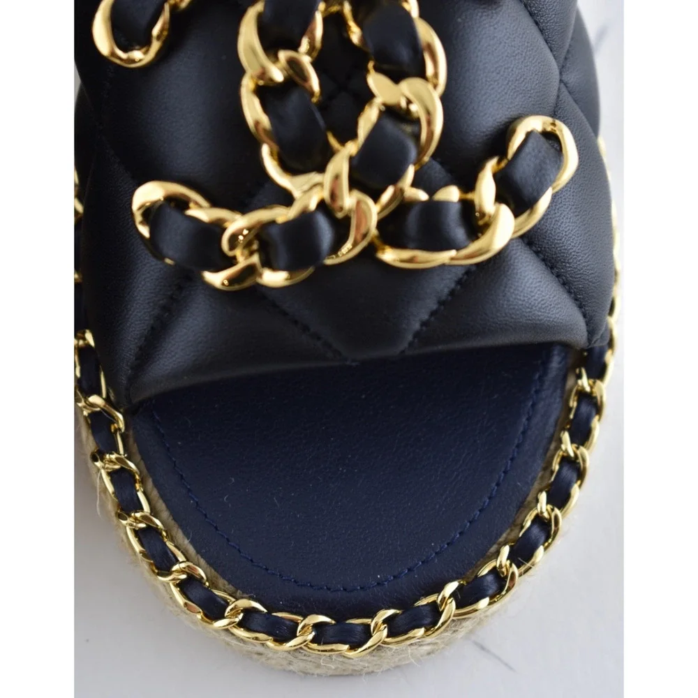 Chanel 25P Black Quilted Leather Chain CC Logo Slide Sandal Espadrille Flat 35